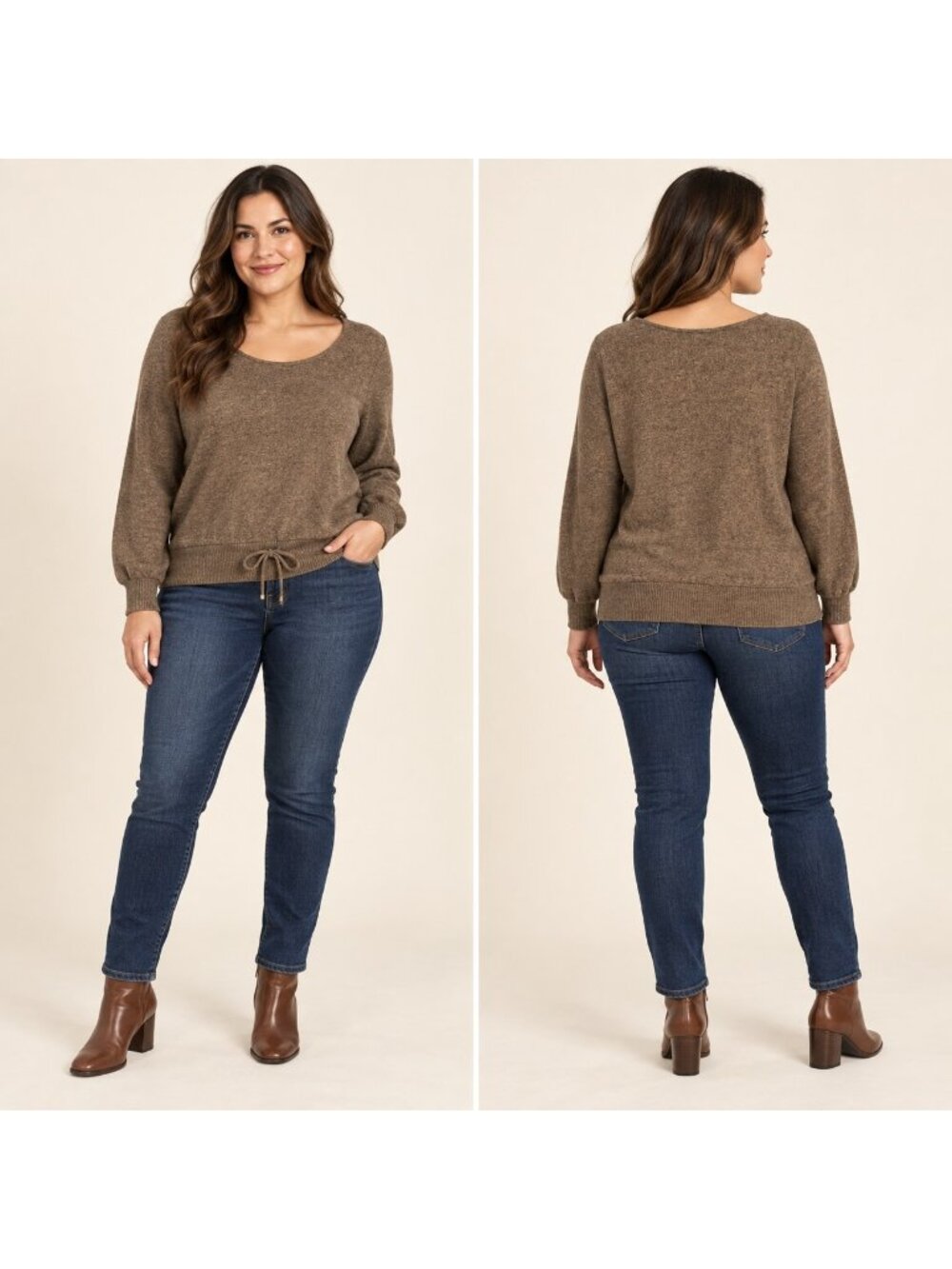 Adrienne Vittadini Sweater Women's XL Brown Heathered Knit Drawstring Cinch Hem